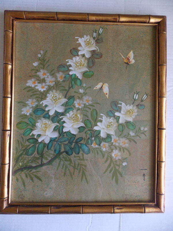 Vintage Cinoiserie Floral Faux Original Painting in Bamboo Wood framed 22"x18" gallery