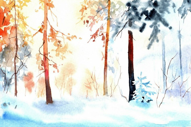 Original painting on paper, WINTER SUN, landscape, signed, 6″x 9″, CHRISTMAS