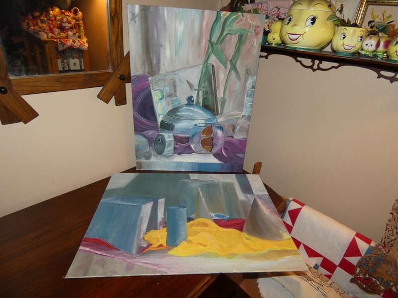 Abstract Original Oil Paintings Ice Bucket Geometric Shapes Same Artist