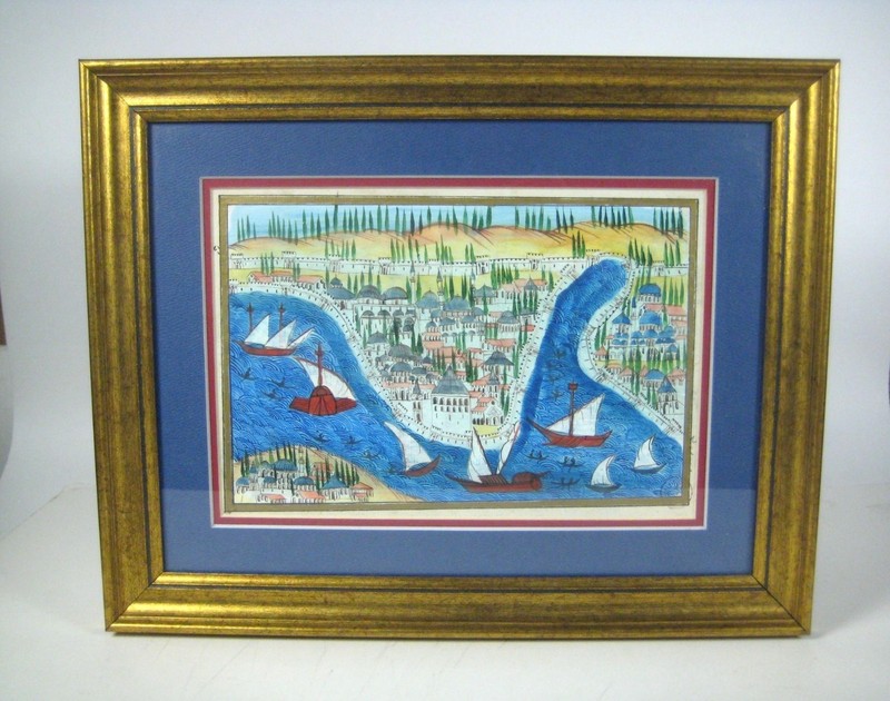 Istanbul Bosphorus Miniature Painting Framed Turkey Constantinople Mosques