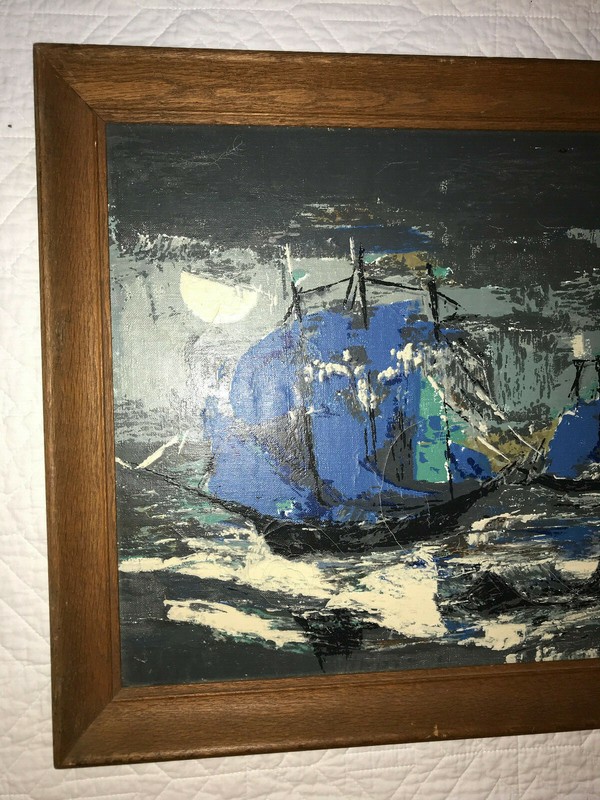 VINTAGE 50s abstract original hand painted oil PAINTING by Cisa seascape ships gallery