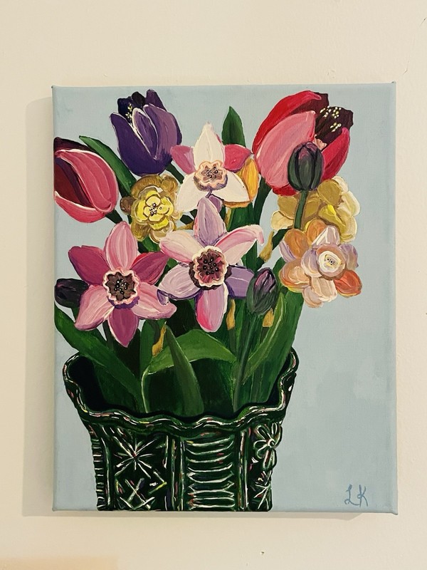 Original Painting 8”x10” Flowers In Vase, Tulip, Daffodils