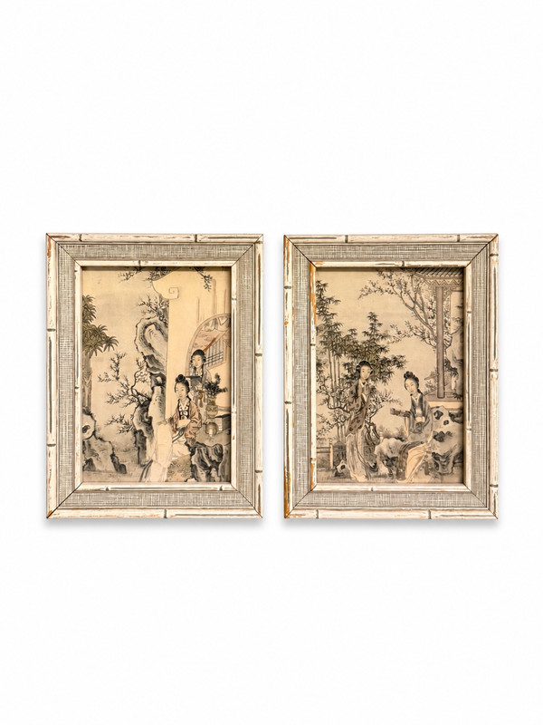 Vintage Asian Framed Art Set (Pair) – Distressed Wood Frames, Traditional Garden