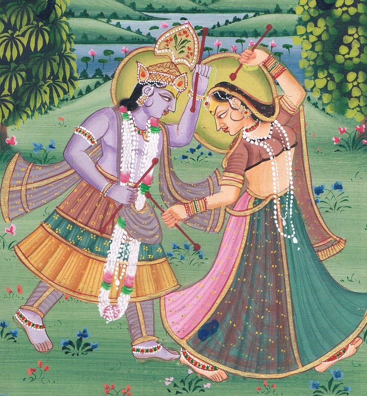 Radha Krishna Painting Of Radha Krishna Dancing Art On Silk Cloth 7x11 Inches gallery