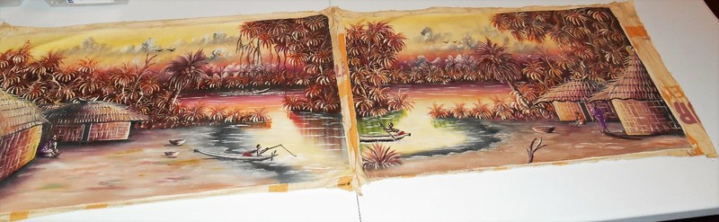 (2) Original Vintage Congo River Art, African Oil Paintings on Wheat Flour Sacks gallery