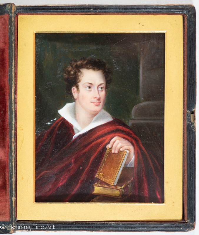 Exceptional Antique Miniature Portrait Painting - Lord Byron in Custom Book Case gallery