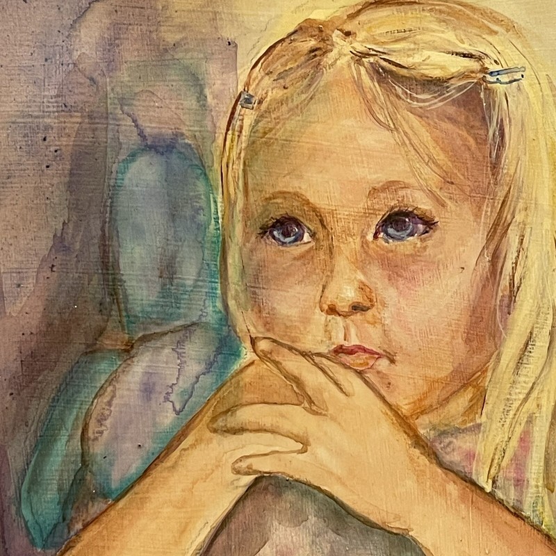 Vtg Portrait Watercolor Painting Girl Child Pajamas Bunny Signed SJ Wilson gallery