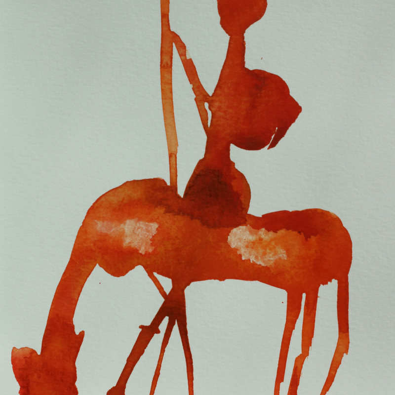 Don Quyote, Horse, Knight, Drawing, Red, Orange, Watercolours, Print