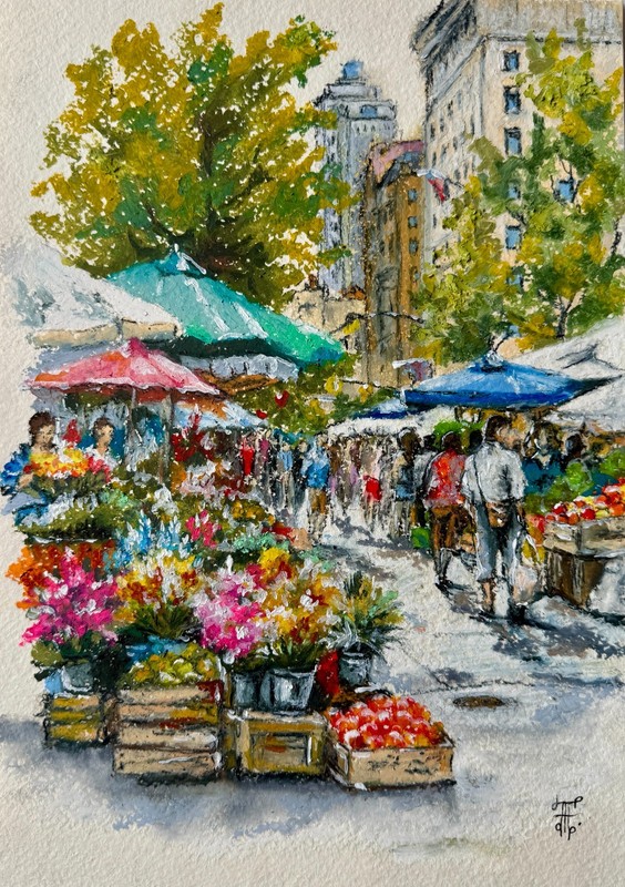 Paris Original Art Cityscape Wall Art Market Oil Pastels Art Abstract Art France