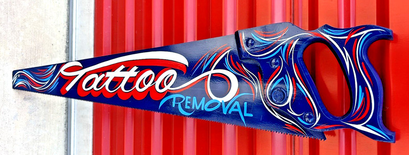 TATTOO REMOVAL Sign Hand Saw Handsaw Paint Pinstriped Art Shop Studio Decor blue