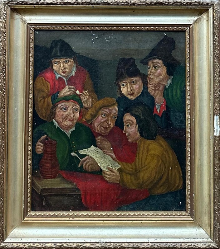 Continental School : Tavern Interior Scene, Oil On Canvas, Framed