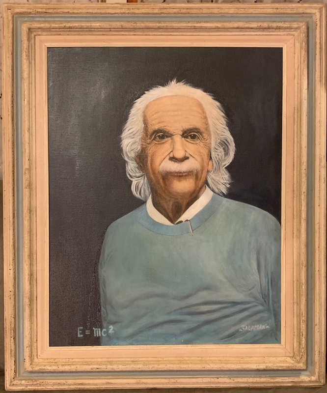 Einstein Oil Painting Portrait by Jeanne Salaman Framed 27×21 E = mc^2