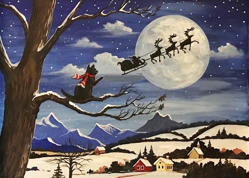 5×7 PRINT OF PAINTING RYTA XMAS BLACK CAT WINTER LANDSCAPE GIFT Santa Folk Art