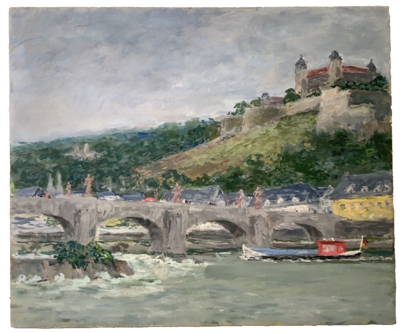 French PostImpressionism Signed – Oil Painting – Boat and Castle at the River