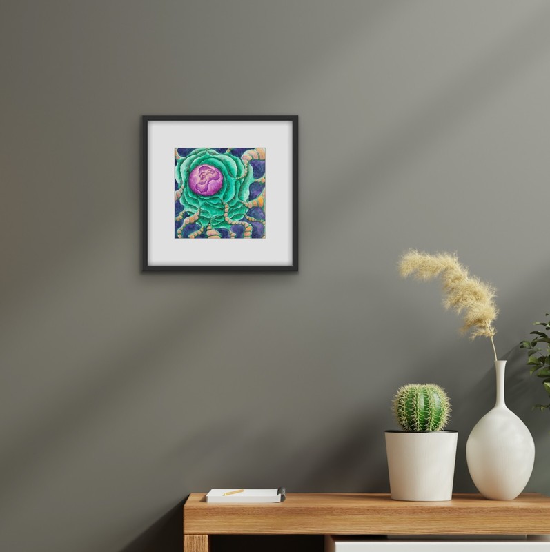 Original Abstract Cosmic Watercolor – Purple Core, Green Energy, 9.8x9.8 in gallery