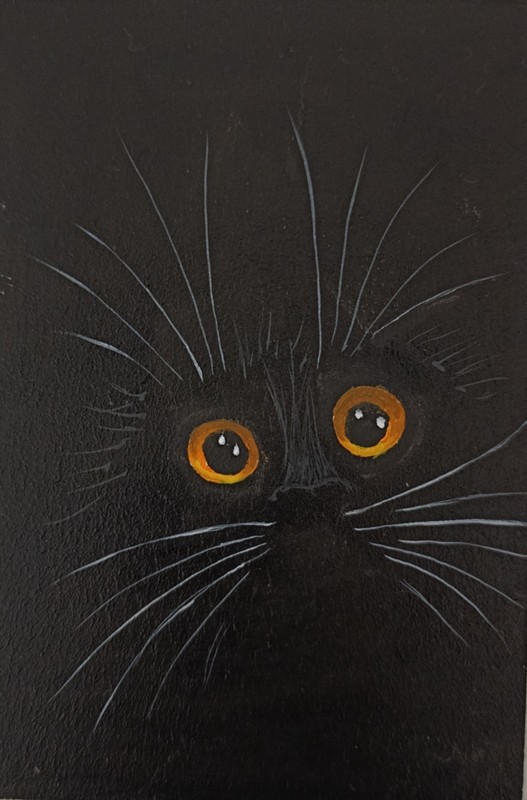 Original Black Cat Oil Painting Framed Mini Cat Art with Golden Eyes Handmade