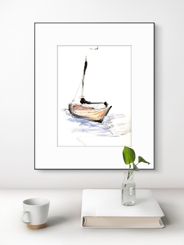 Original Abstract Minimalist 9x12 SailBoat Harbor Ink Paper Office Signed 19 gallery