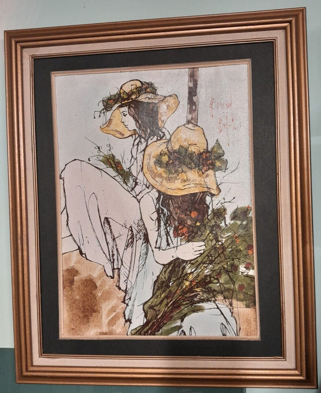 Bernard Dufour Oil Painting signed by the Artist Framed Two Women in Flowery Hat