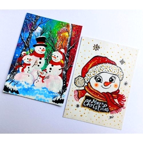 02 Pcs ACEO Original Christmas Snowman Acrylic Hand Painting Gift Art Set New gallery