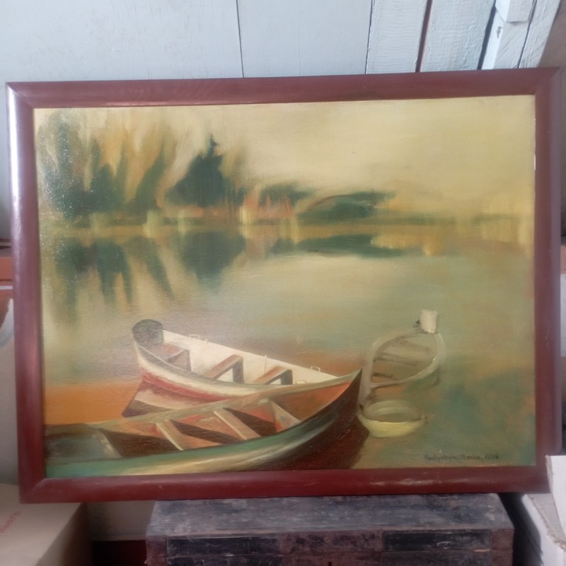 art 778 original oil painting 24×31 in Boats River landscape Marine wall decor