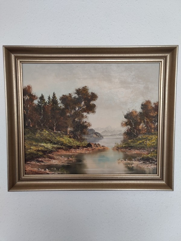 C. Hunter – lake with mountain panorama 47×58 cm oil painting 1841-1904 Scotland