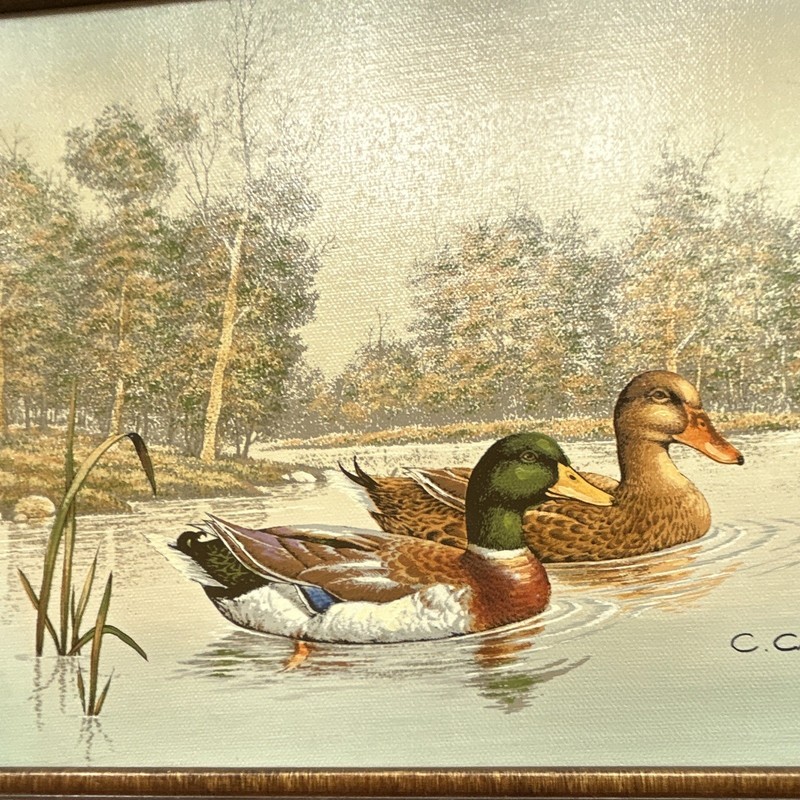 C. Carson Signed Framed Ducks Pond Landscape Painting on Canvas, Bamboo Style gallery