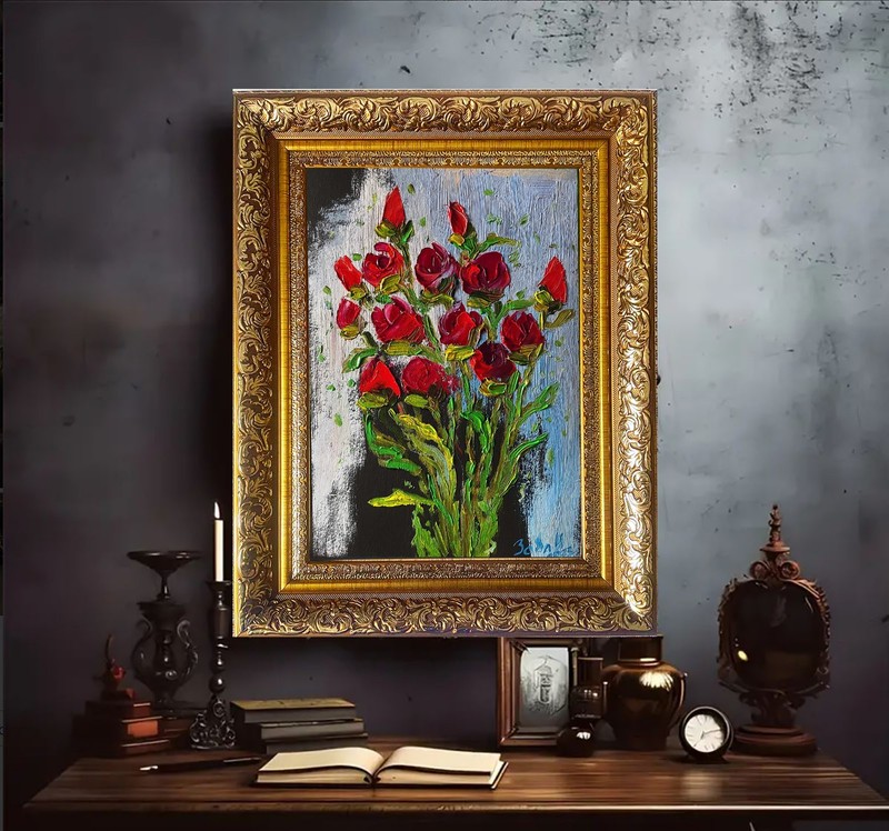 Red Roses Oil Painting, 20×28 cm (7.87×11.02 in), Textured Palette Knife Floral gallery