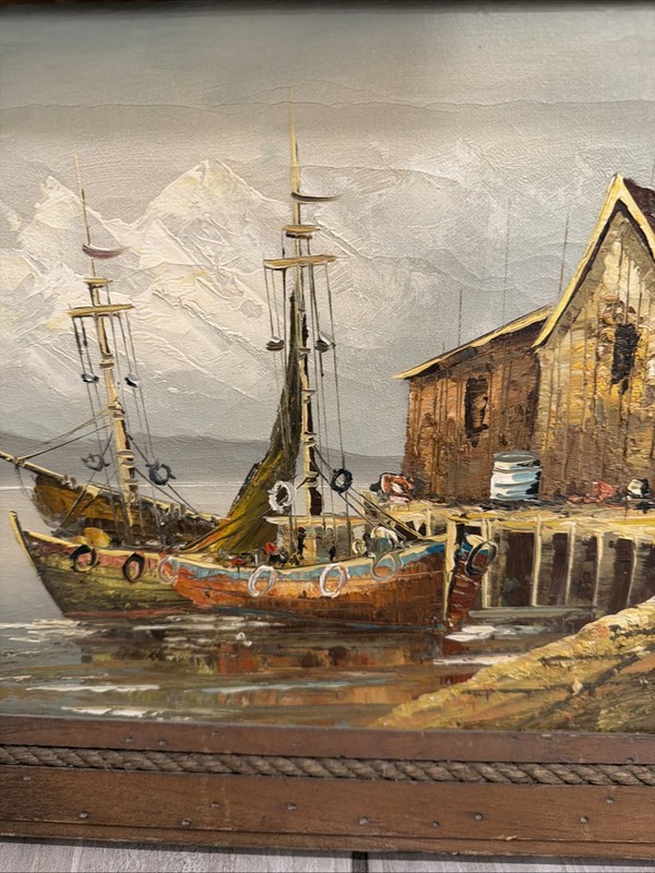 Vintage Original Oil Painting Boat Fock Scene Signed Mayer Framed 15x19 gallery