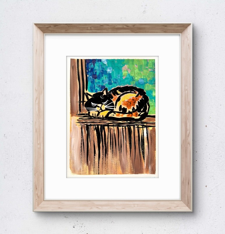 JANICEART Original Cat Window Abstract Paper 9×12 Acrylic Wall Art Blue Green