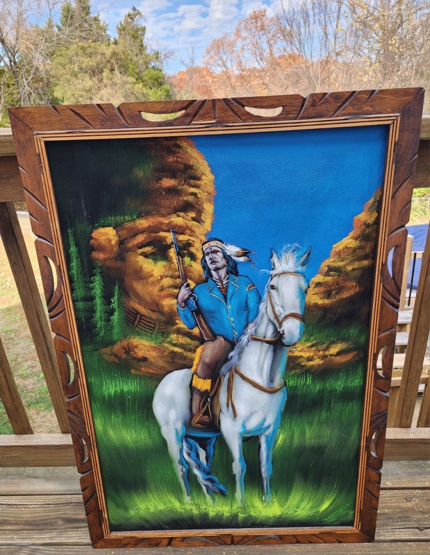 Vintage Mexican Black Velvet Oil Painting 40×28 Native American Indian Hors 1970