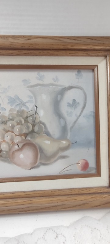 Original Oil Painting Signed Bazas Still Life of Apple Pear Grapes Pitcher 70s gallery