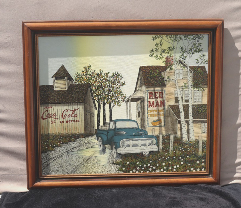 VINTAGE H. HARGROVE , SERIGRAPH ON CANVAS , 1950s COCA COLA FORD TRUCK RED MAN