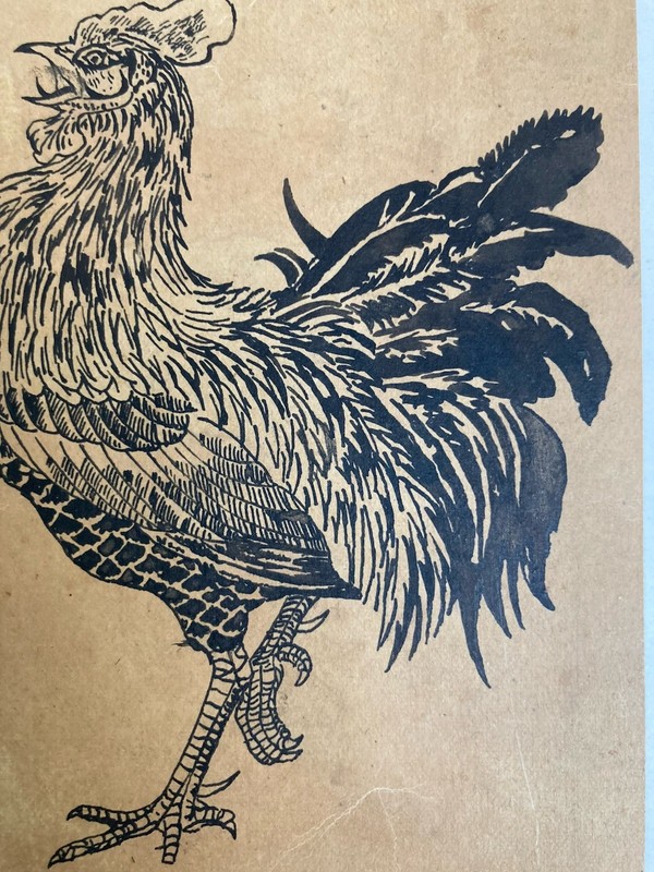 Beautiful Drawing Xixth Rooster Hen Animal Antique Ink Painting to Identify Art