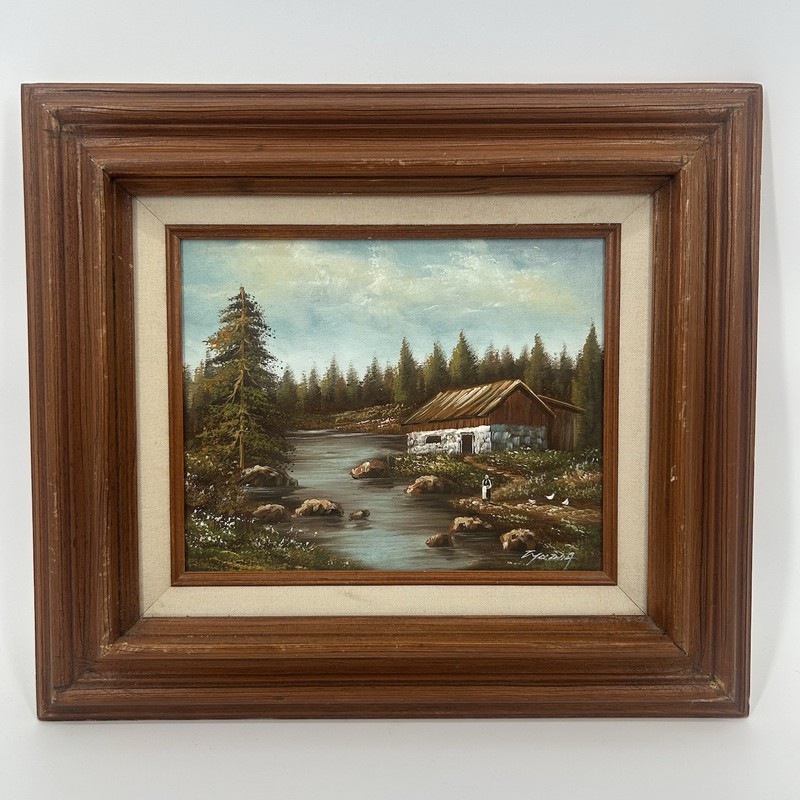 Vintage Folk Art Oil On Canvas Painting Wooden Frame Linen Lined Rustic Cabin