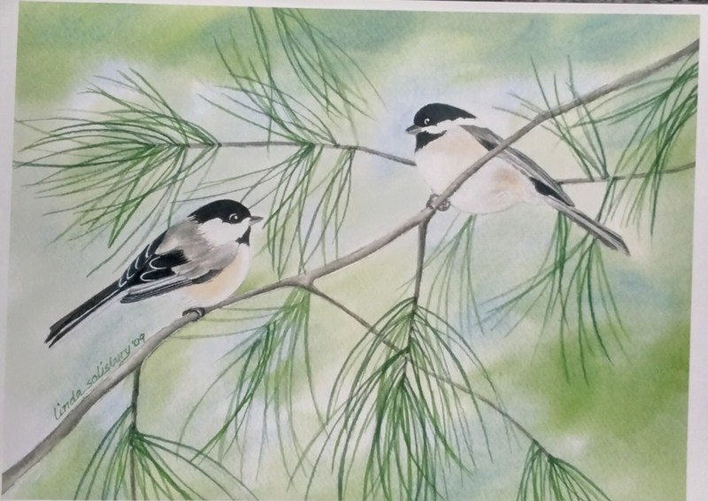 Hand Painted Watercolor Print Chickadees Matted 8×10 Nature Pine Tree Home Decor
