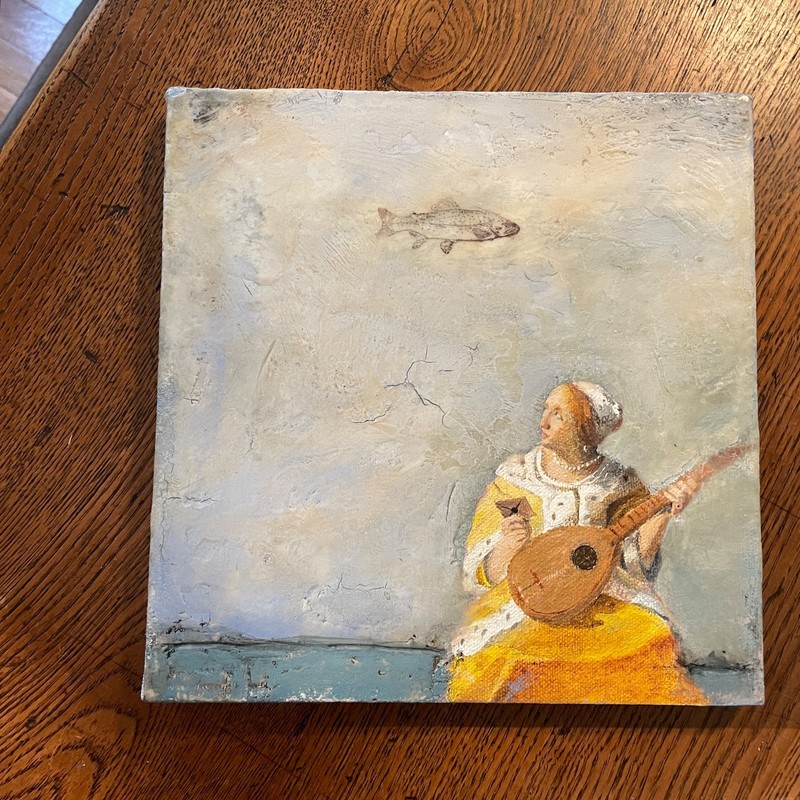 9″ Vermeer Study Series Love Letter with Fish 1996 Judy Sowa Painting Humorous