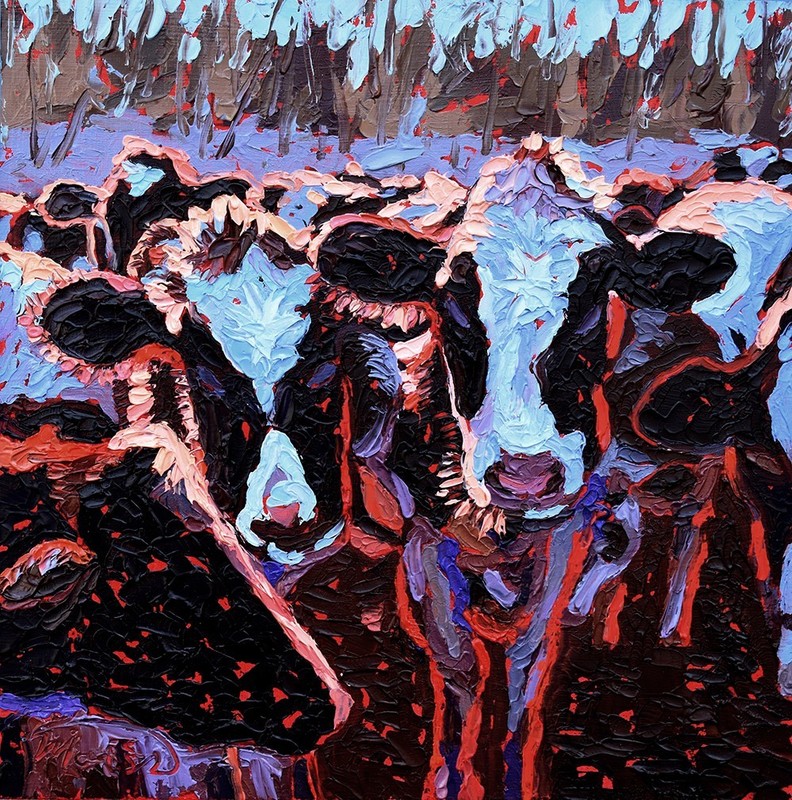 8×8 Framed Original Oil Painting Cows Textured Hand Painted Wall Decor