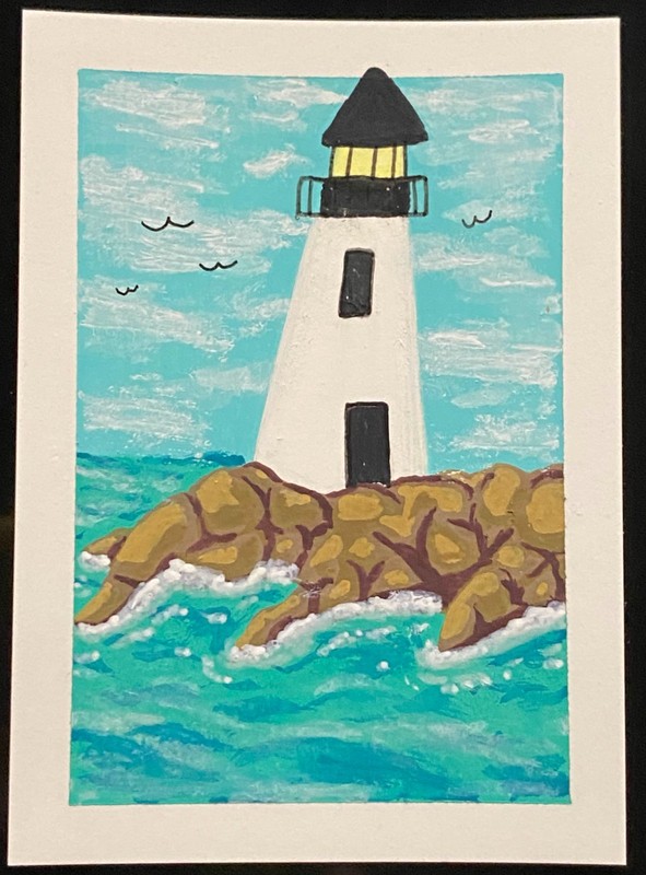 ACEO Original Lighthouse Landscape Ocean Sky Art Mini Painting OneCraftyLady
