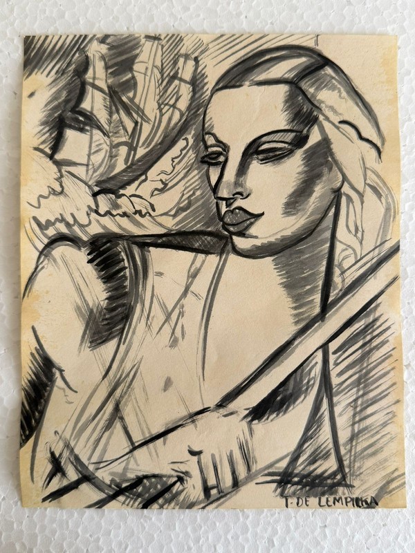TAMARA DE LEMPICKA drawing and painting on old paper signed stamped vintage