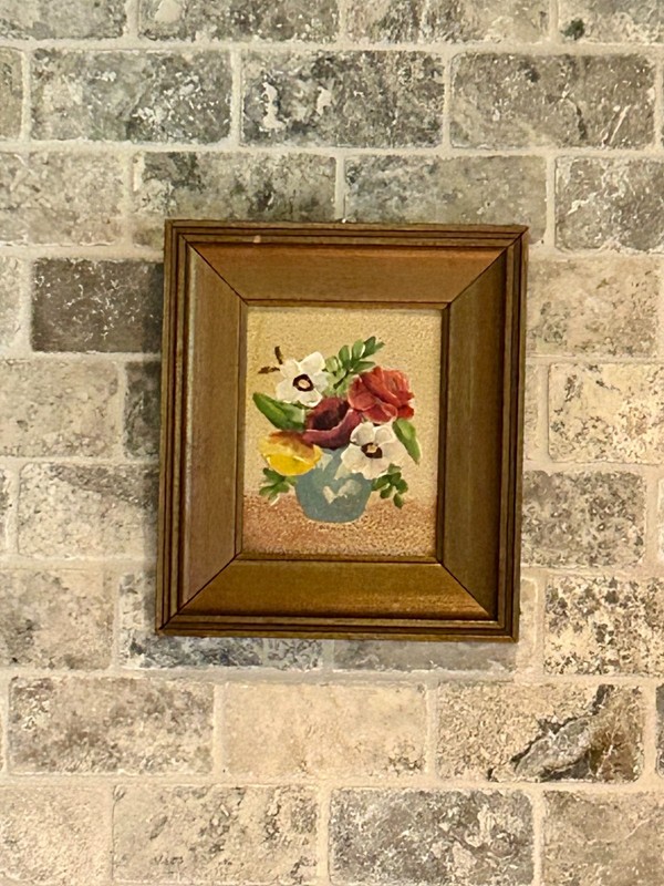 MCM Small Framed Floral Still Life Oil Painting by Frank Linnell 1930s