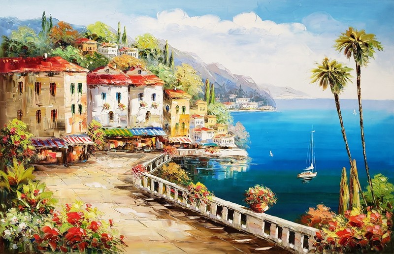 Mediterranean View #6GM-9, 24″x36″ -100% Hand Painted Oil Painting on Canvas,