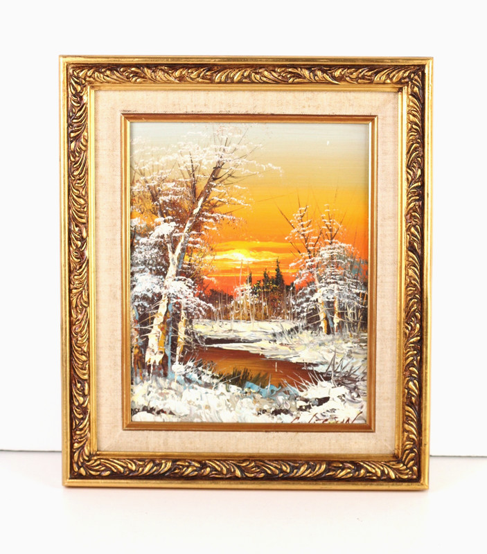 Small Vintage Winter Landscape Oil Painting On Canvas Framed Signed Illegible