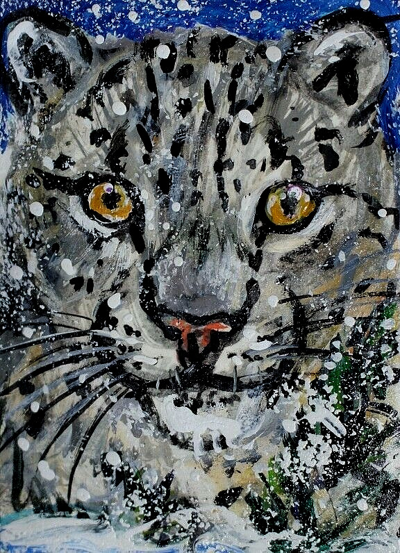 ORIGINAL ACEO Snow LEOPARD Painting Winter Big CAT Animal Pine Tree Nature ART