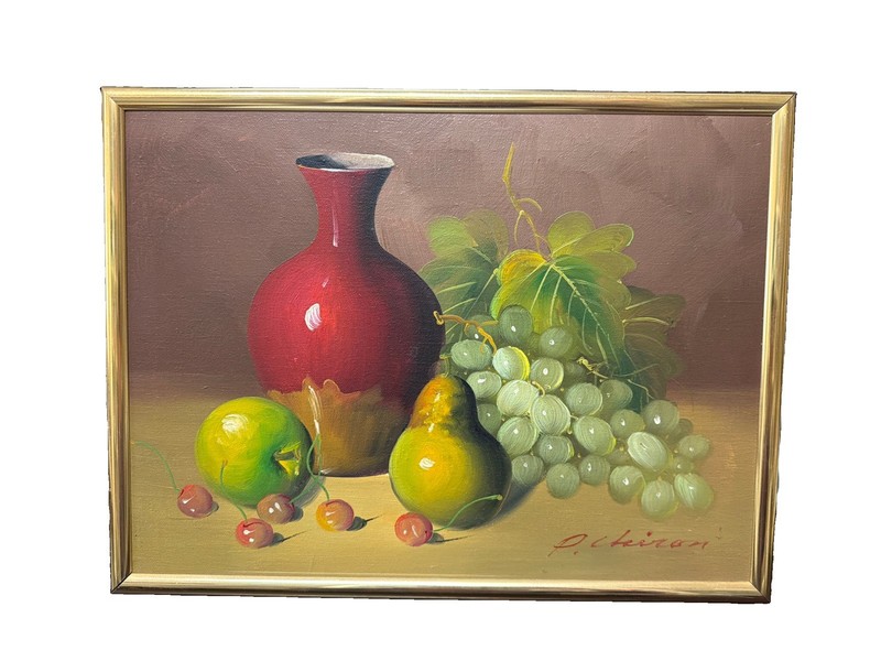 Vtg Oil Painting Still Life Fruit Vase Canvas Signed P Chiron Framed 16” X 12”