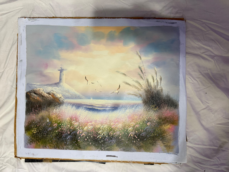 Vintage Coastal Lighthouse Meadow Landscape Oil Painting Seaside Scenic Art