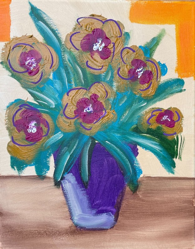 Original "Flowers in Vase" 11x14 Canvas Expressionism Abstract Design Home Art gallery