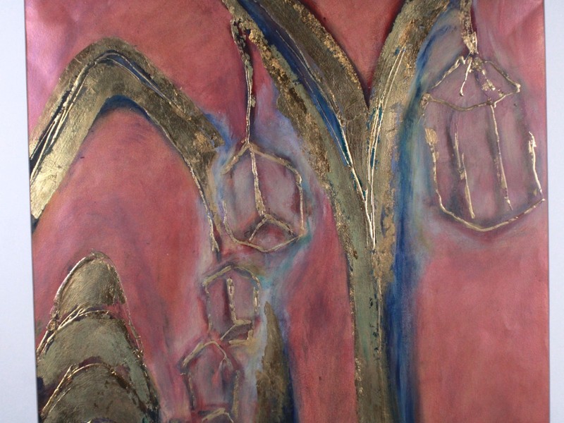 Mid Century Red And Gold Abstract Mixed Media Painting Signed Nail gallery