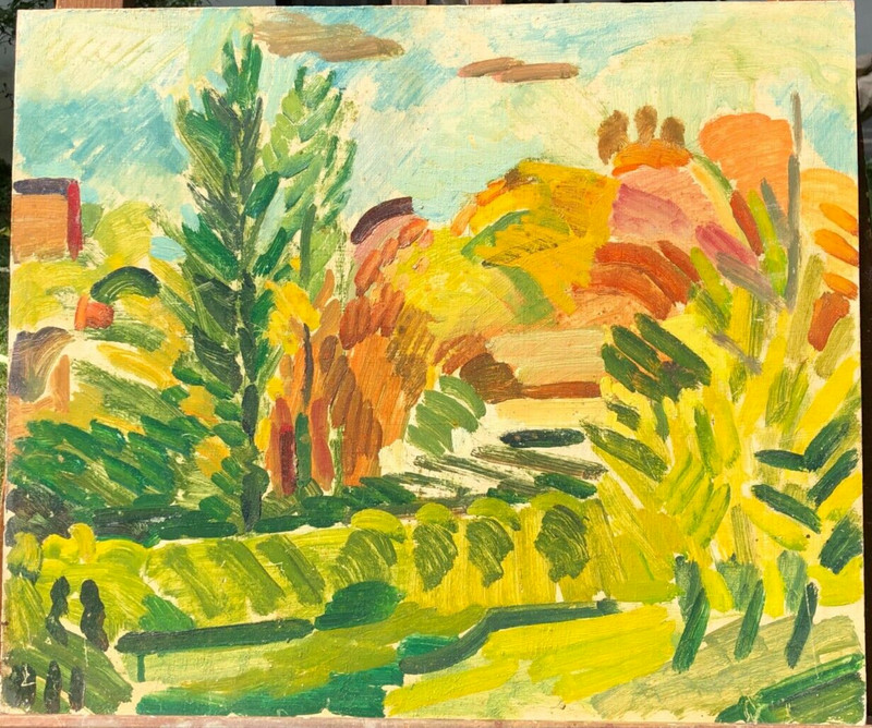Landscape with Houses Impressionist Oil Painting-17" x 20"-1980s-I.L. Winarsky gallery