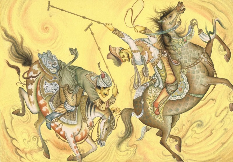 Hand Miniature Painting Indian King Playing Polo Game With His Friend 13x10 Inch gallery