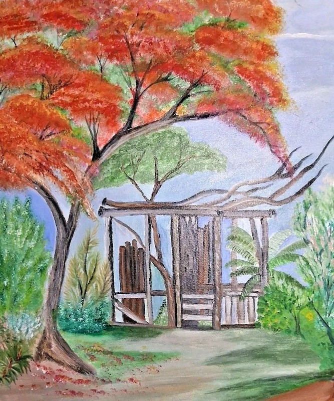 Pintura Acrilico Flamboyan en el Campo Puerto Rico 2008 firmada Roxana Ramirez